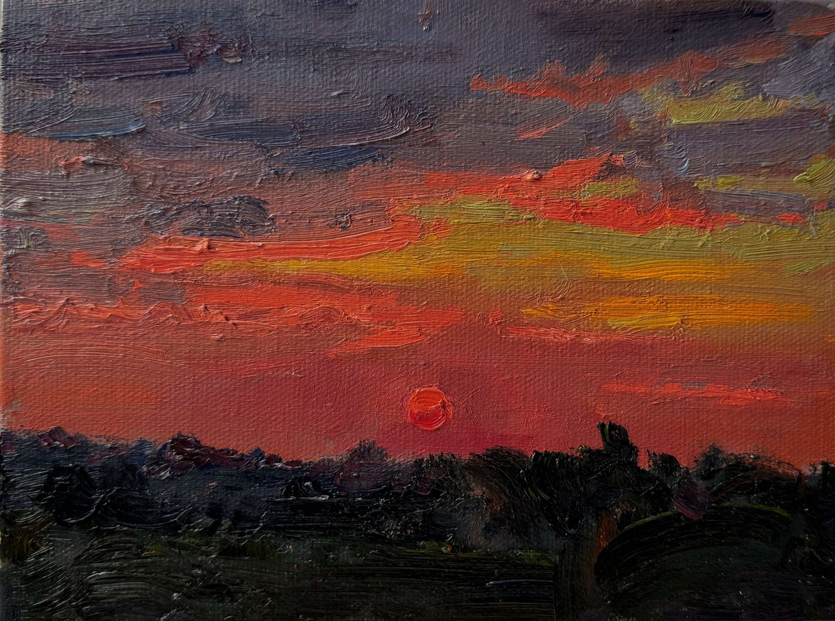 Impressionistic Landscape Oil Painting By Nataliia Nosyk, 8 X 6", Crimson Horizon, Original Artwork
