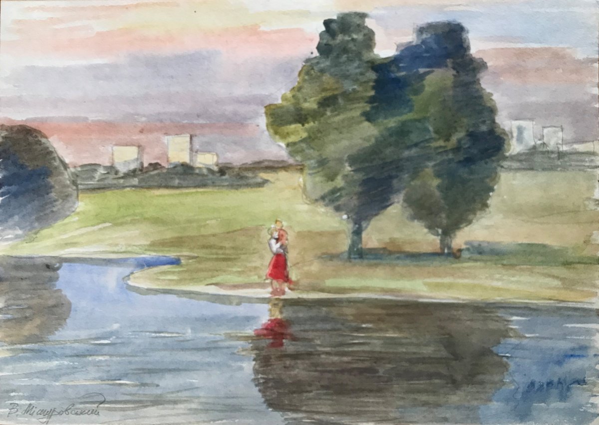 Impressionistic Landscape Watercolour By Viktor Mishurovskiy, 16 X 12", River Outside The City, Original Artwork