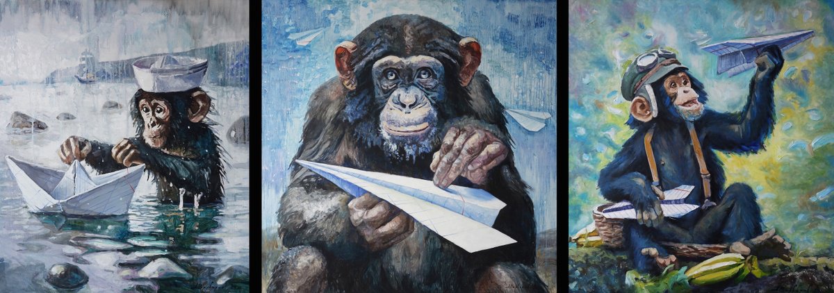 Photorealistic Oil Painting , Portrait Of Little Monkeys - Triptych By Anatolii Varvarov, 110 X 55, Artwork For Sale On Artfinder
