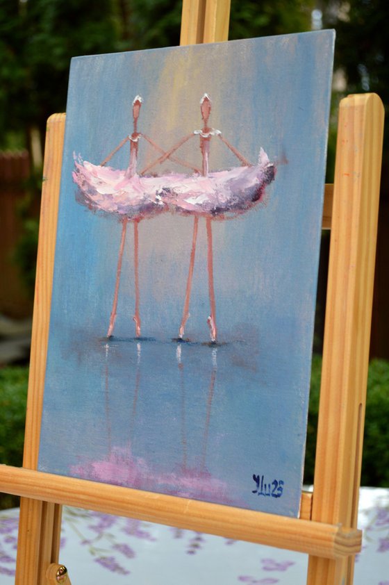 2 Funny pink ballerinas. Miniature impasto.