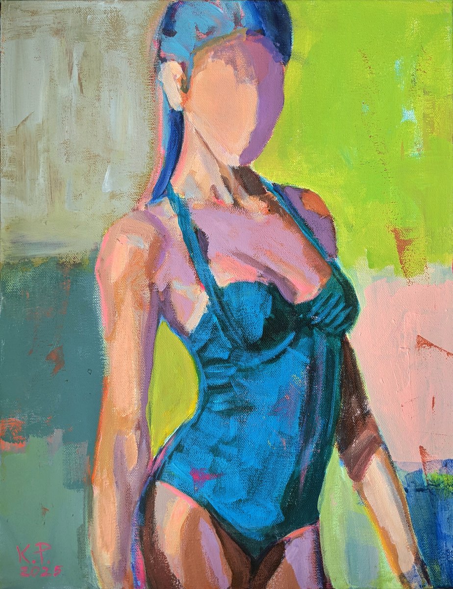 Expressive Portrait Acrylic Painting By Kasia Pawlak, 14 X 18", Teal Swimsuit, Original Artwork