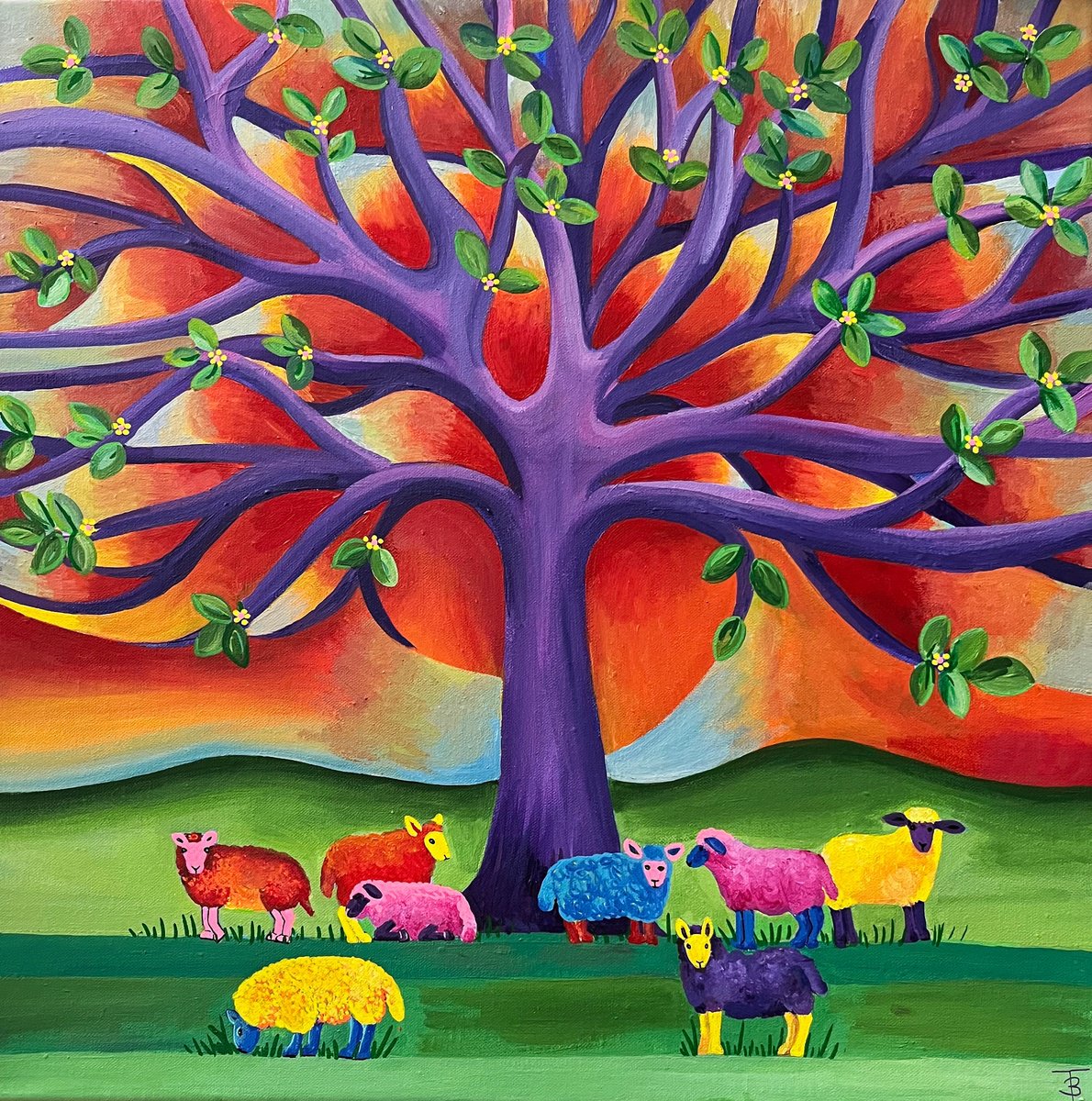 Illustrative Animal Acrylic Painting By Tiffany Budd, 20 X 20", The Flock Of Rainbow Sheep, Original Artwork