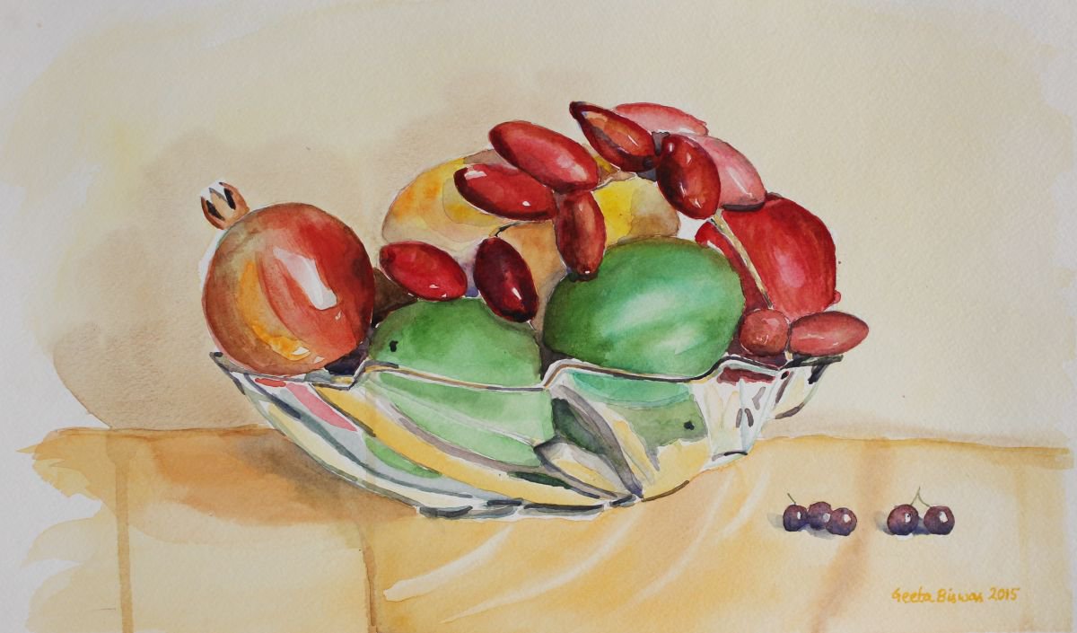 Still Life Fruits in Glass Bowl in watercolor by Geeta Yerra