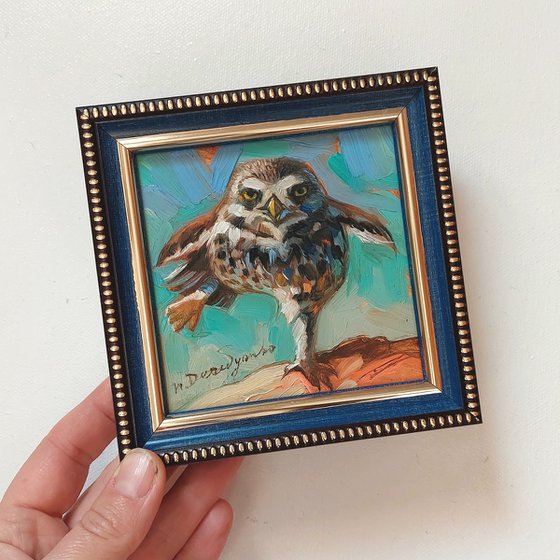 Owl bird painting original in frame Small artwork framed, Bird wall art framed artwork teacher appreciation gift