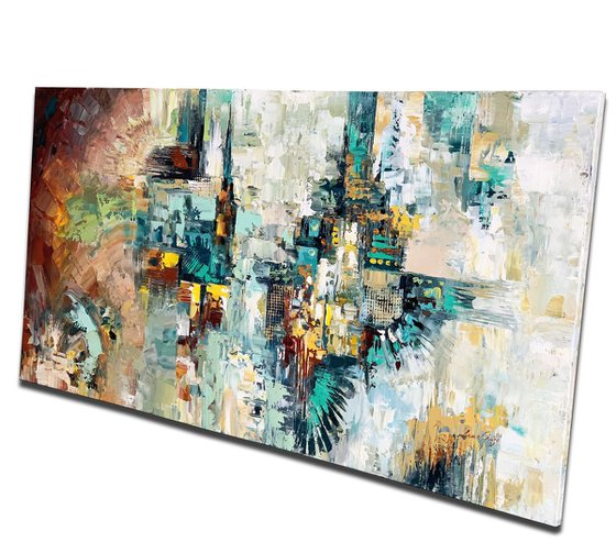 Abstract Painting - Being In The Flow Original Cityscape White Grey Aqua Blue Painting
