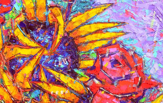 ABSTRACT SUNFLOWERS AND RED ROSES contemporary impressionist textural impasto original palette knife oil painting by Ana Maria Edulescu