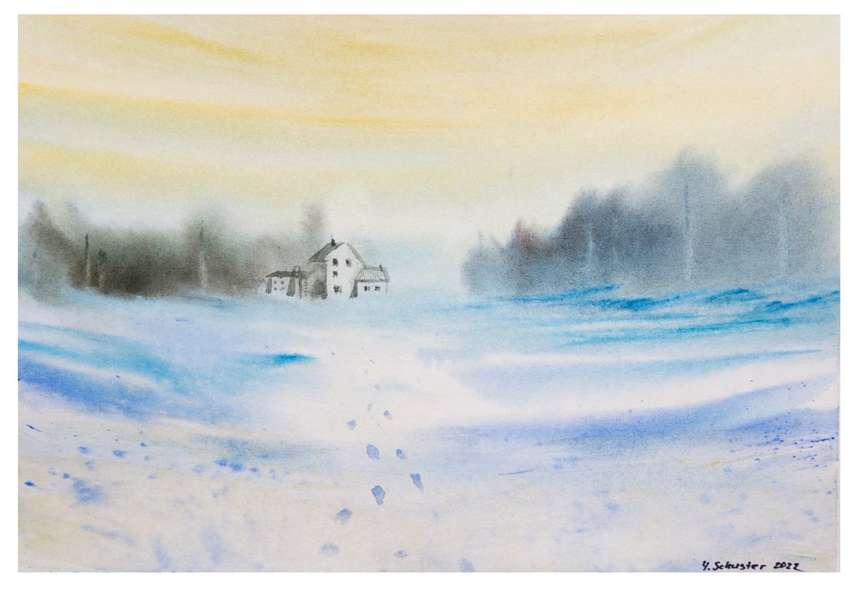 Impressionistic Landscape Watercolour By Yulia Schuster, 12 X 8", Winter, Original Artwork