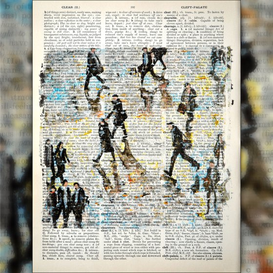 At the City 3 - Collage Art on Large Real English Dictionary Vintage Book Page