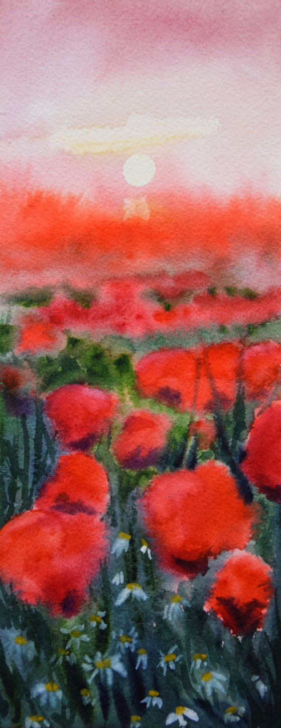 Poppies painting, red flowers original watercolor painting, wild flower wall art