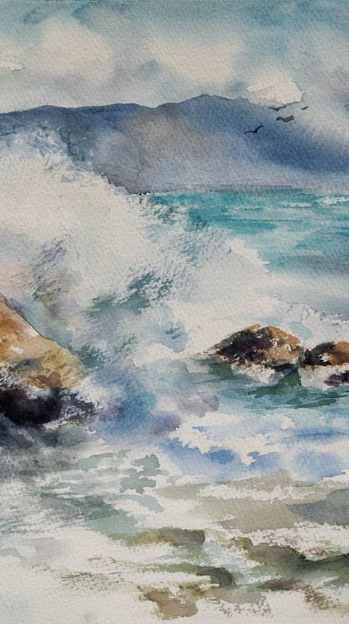 Surf wave in Cadaques, Spain - original watercolor by Delnara El