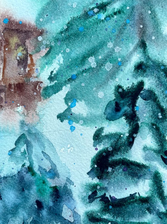 Christmas Cabin Painting, Snowy Forest Original Watercolor Artwork, Winter Landscape Wall Art, Cozy Hygge Home Decor, Christmas Gifts