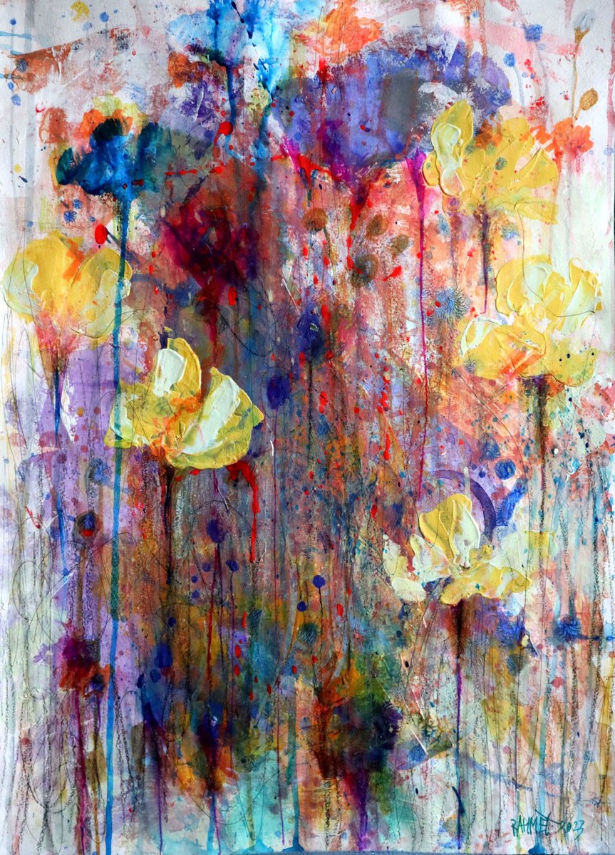 Impressionistic Botanical Acrylic Painting By Rakhmet Redzhepov, 17 X 23", Fantasy With Flowers 70, Original Artwork