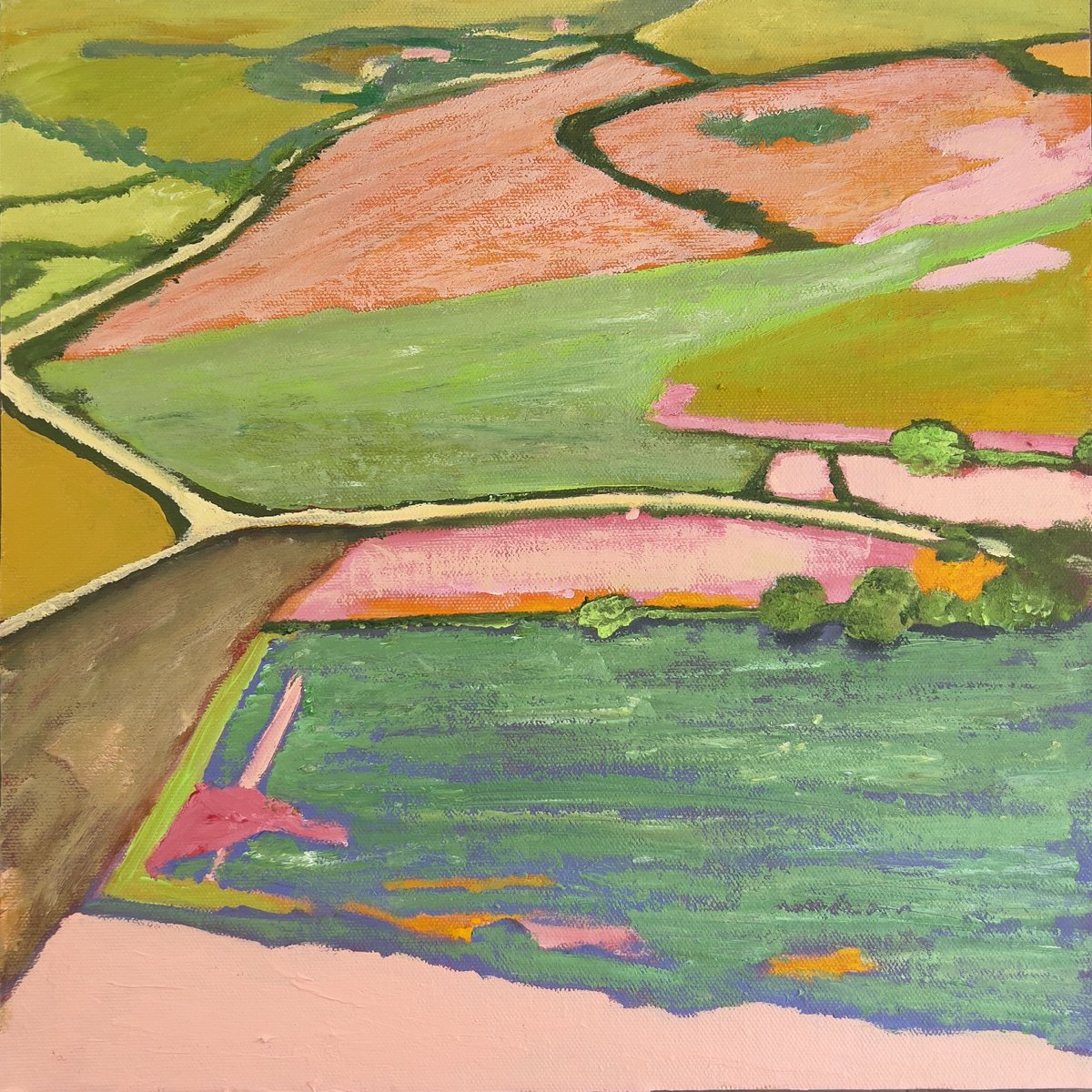 Impressionistic Landscape Acrylic Painting By Km Arts, 15 X 15", Spring Greens, Original Artwork