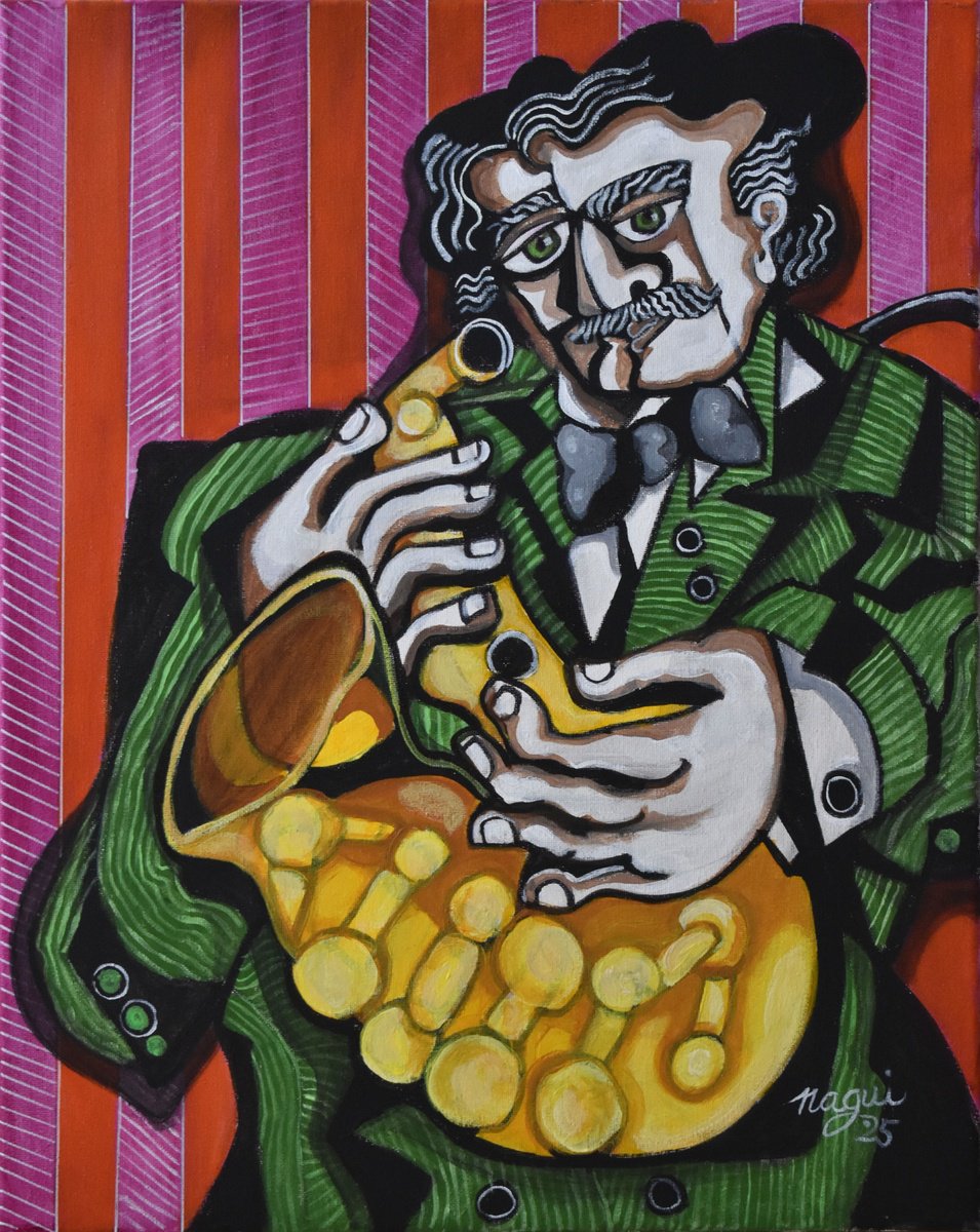 Expressive Portrait Acrylic Painting By Nagui, 16 X 20", Man And Sax 25, Original Artwork