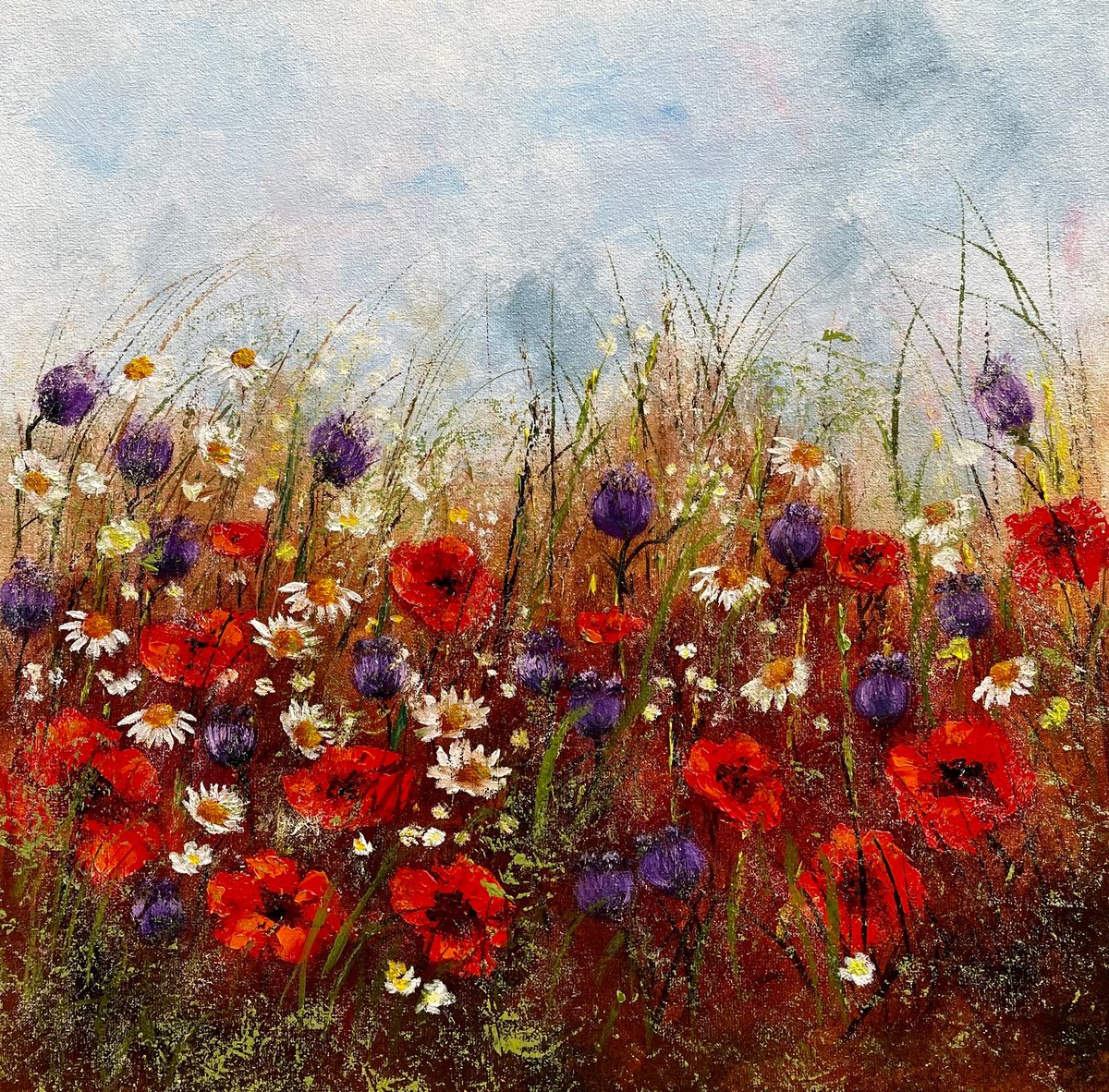 Impressionistic Landscape Oil Painting By Tanja Frost, 16 X 16", Red Flowers For Happy Day, Original Artwork