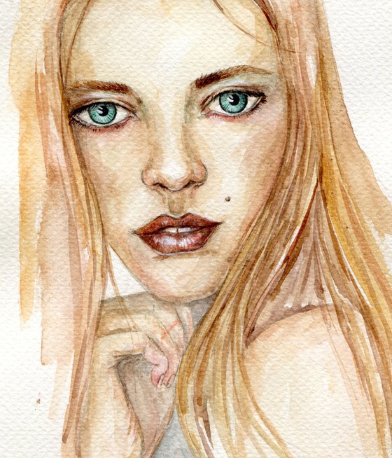 watercolor portrait of blond girl with blue eyes