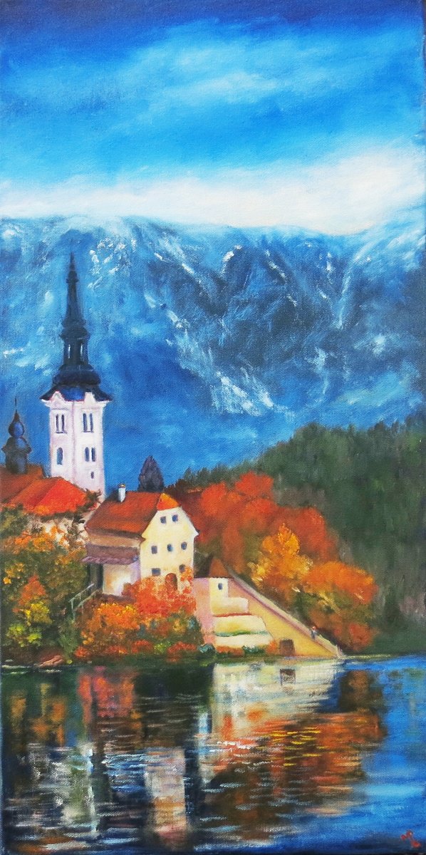 Impressionistic Landscape Oil Painting By Maureen Greenwood, 12 X 24", Lake Bled, Original Artwork