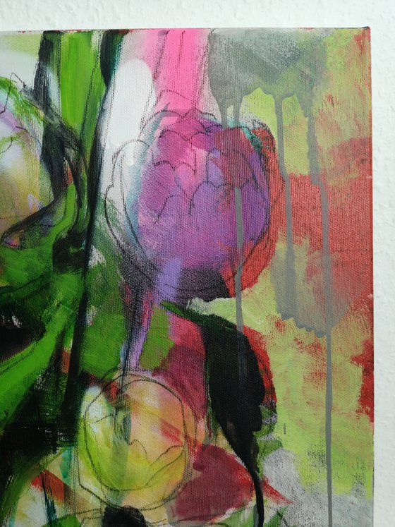 Purple peonies modern mixed media painting