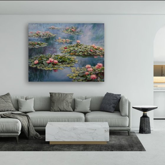 "Reflection of pink lilies"