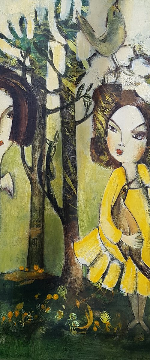 Dialogue: symbolistic painting about a guardian angel and a little girl by Anna Soghomonyan