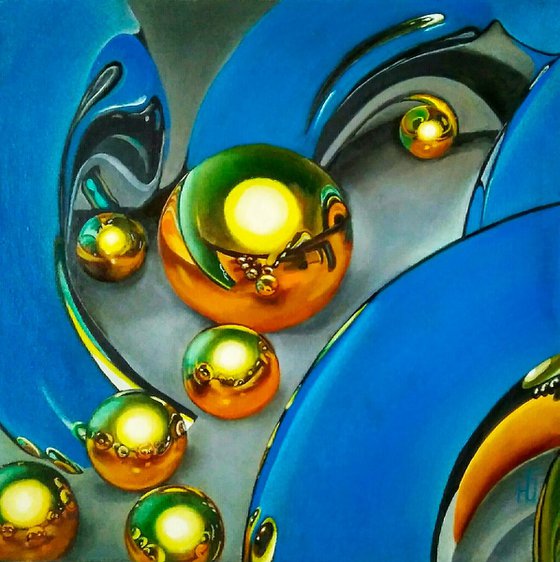 Abstraction Golden Spheres Blue Background Oil Painting Hyperrealism