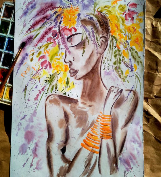 Flower Head Painting Woman Original Art African Queen Watercolor Lady with Flower Hat Artwork Home Wall Art 12 by 17" by Halyna Kirichenko