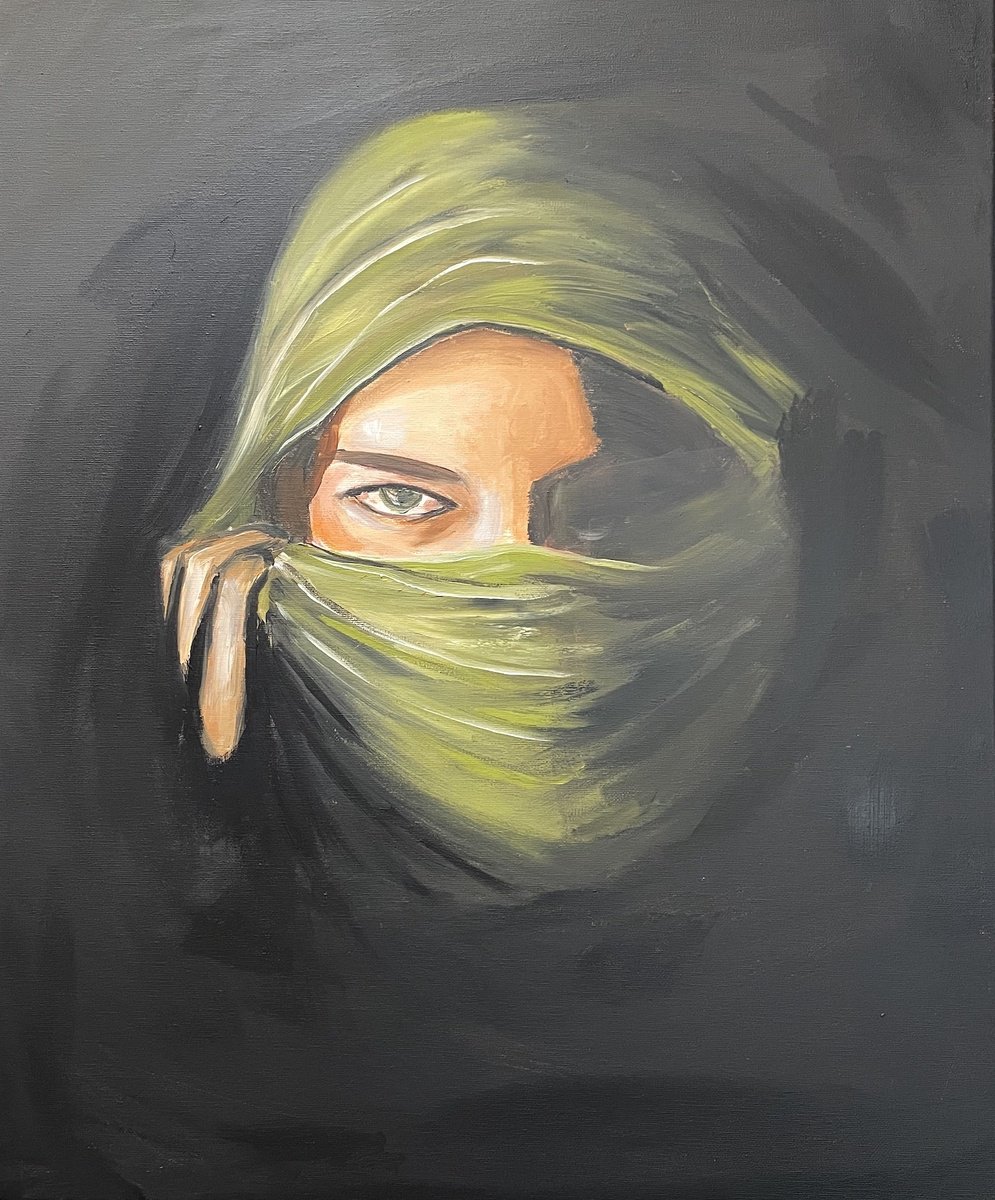 Impressionistic Portrait Acrylic Painting By Aisha Haider, 20 X 24, The Olive Veil, Original Artwork