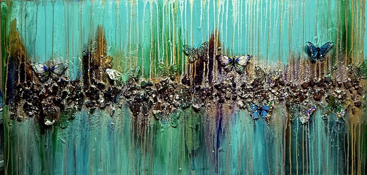 Abstract Landscape Painting By Henrieta Angel, 48 X 24, Butterfly Garden, Original Artwork