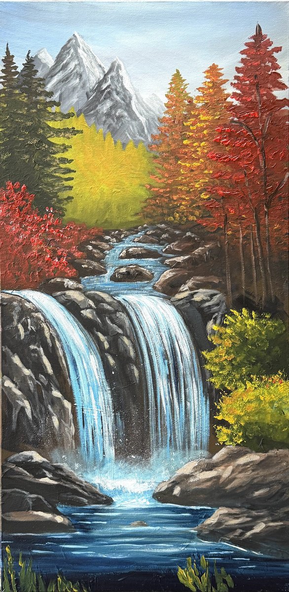 Impressionistic Landscape Acrylic Painting By Aisha Haider, 16 X 31, Waterfall Wonder, Original Artwork