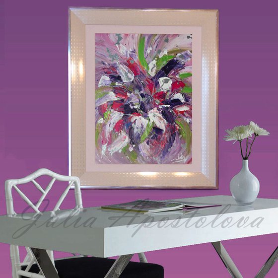 Framed Painting on Canvas, Acrylic, Rich Texture, Pallet Knife, Floral Abstract Romantic Painting, Splash of Color, Purple and Pink, Ready to Hang with Modern White Siver Frame, Pastel colors, Purple Home Decor, Wedding Gift, Afordable Art