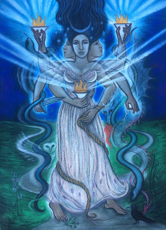 Hecate - Triple-headed Greek Goddess; large pastel - unframed