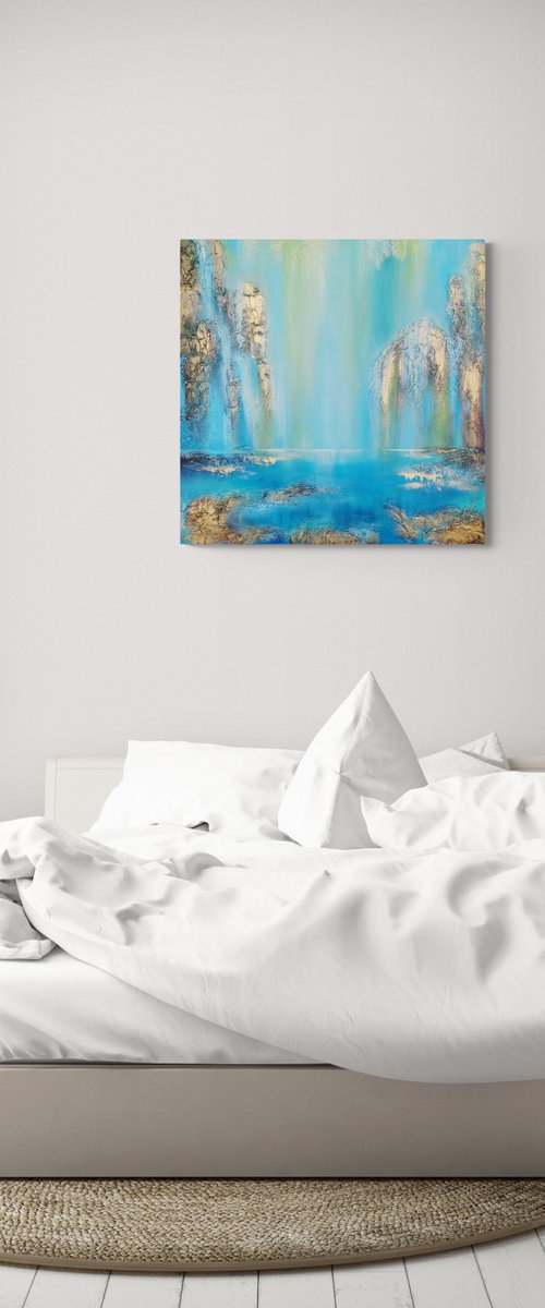 A large modern structured semi-abstract mixed-media painting "Waterfall" by Vera Hoi