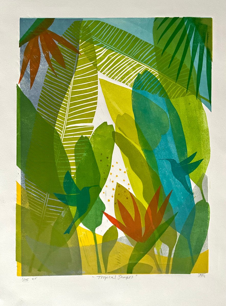 Organic Botanical Linocut By Alison Headley, 12 X 16, Tropical Shapes, Original Artwork