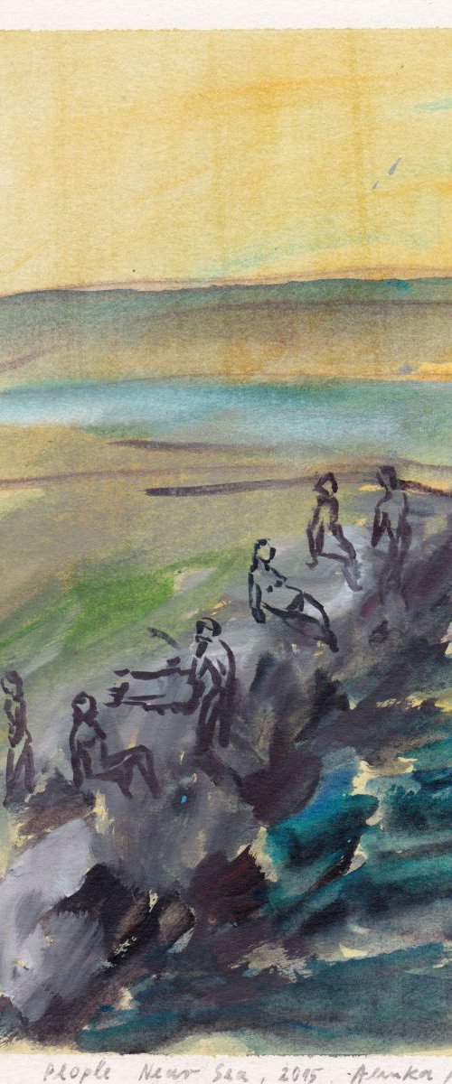 People Near Sea, Lucija, August, 2015_acrylic on paper 29,6 x 20,7 cm by Alenka Koderman