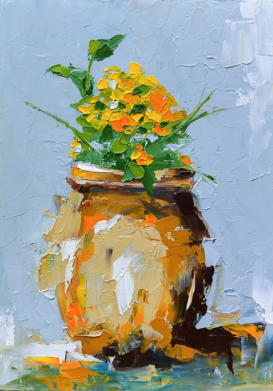 Small original oil painting. Still life with flowers