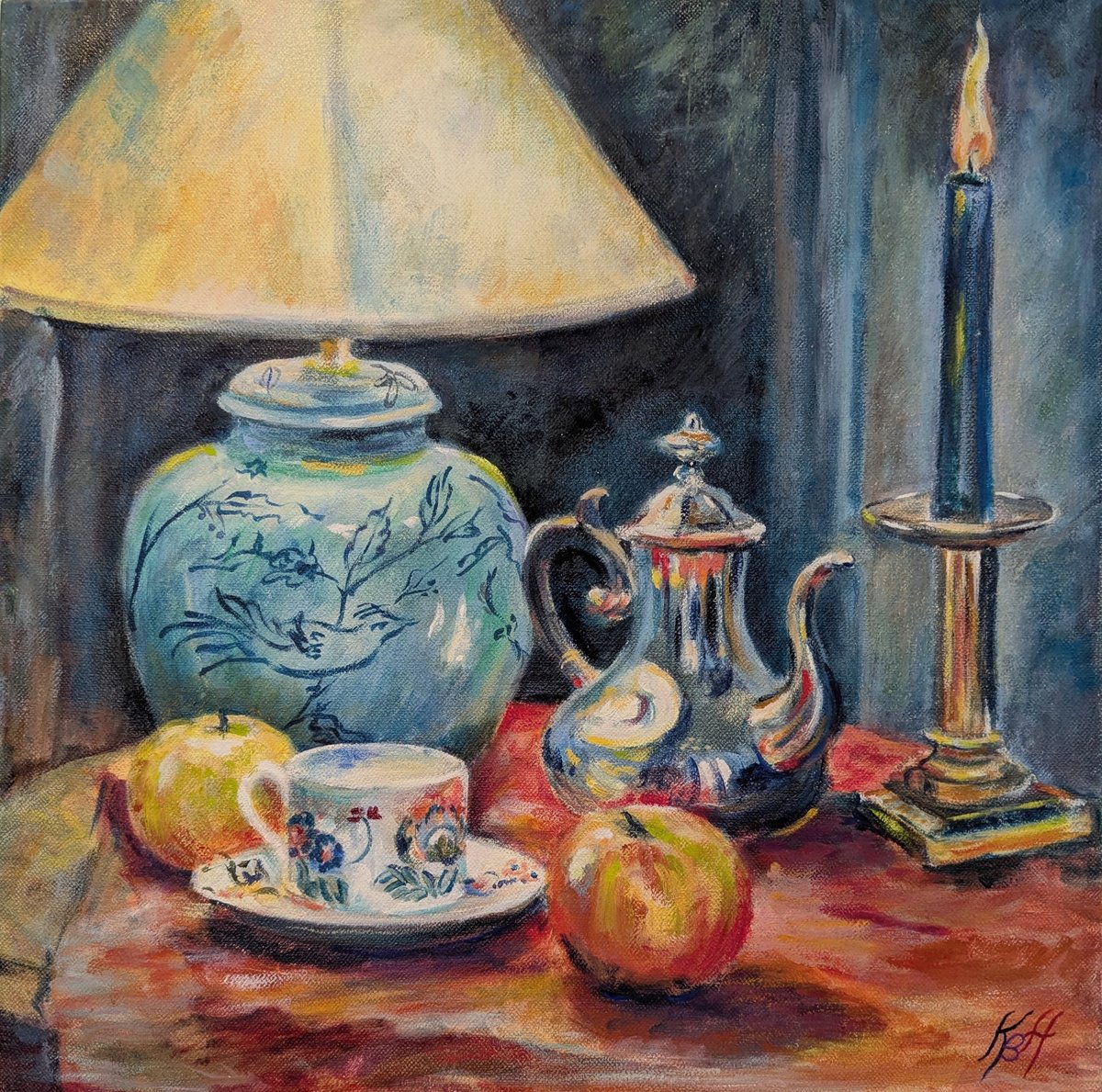 Impressionistic Still Life Oil Painting By Katia Boitsova, 16 X 16", Still Life With A Candle, Original Artwork