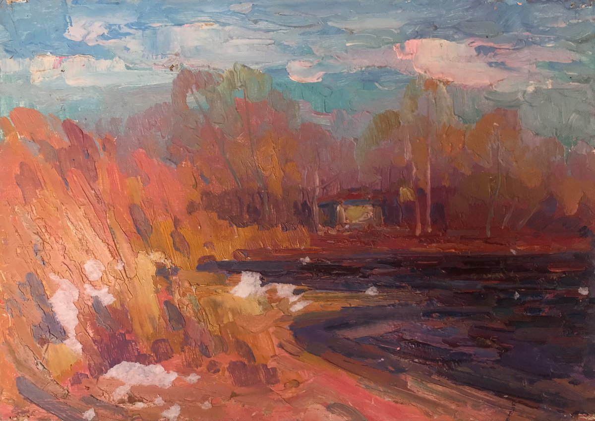 Impressionistic Landscape Oil Painting By Peter Tovpev, 14 X 10", Evening Landscape, Original Artwork