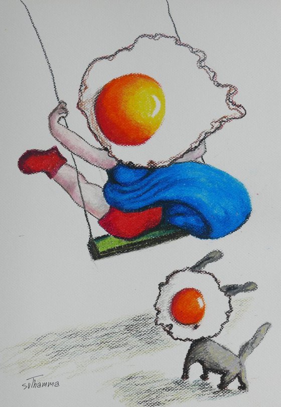 Egg girl & dog playing on a swing