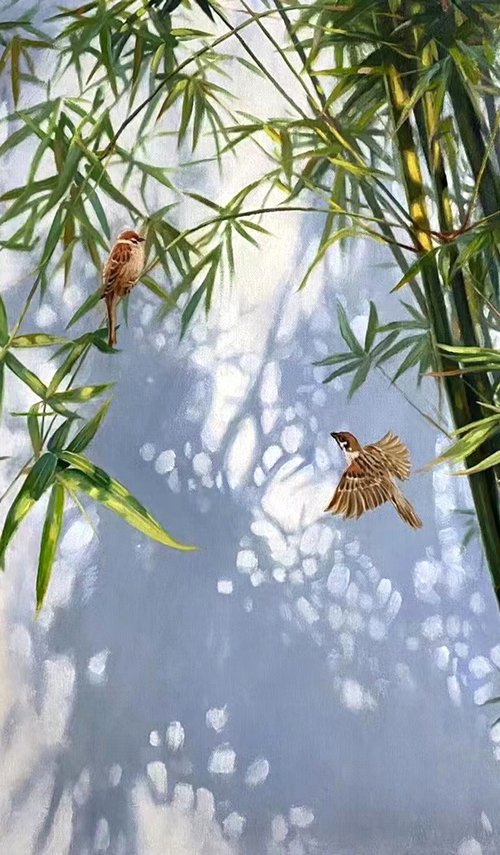 Realism oil painting:bamboo trees and birdies by Kunlong Wang