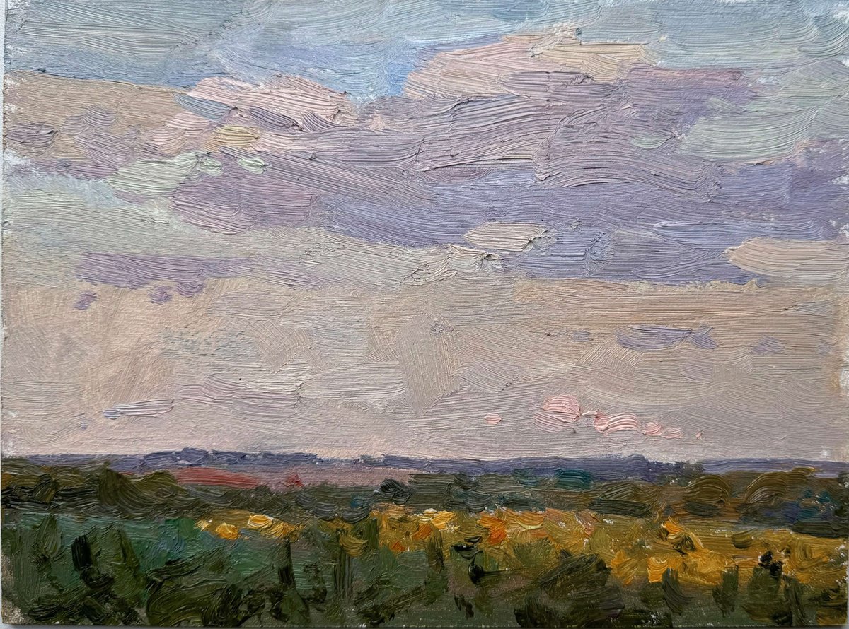 Impressionistic Landscape Oil Painting By Nataliia Nosyk, 9 X 7", Golden Field At Dusk, Original Artwork