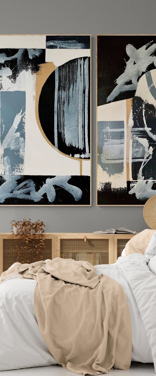 Abstraction No. 3722 XXL black & white minimalism - set of 2 by Anita Kaufmann