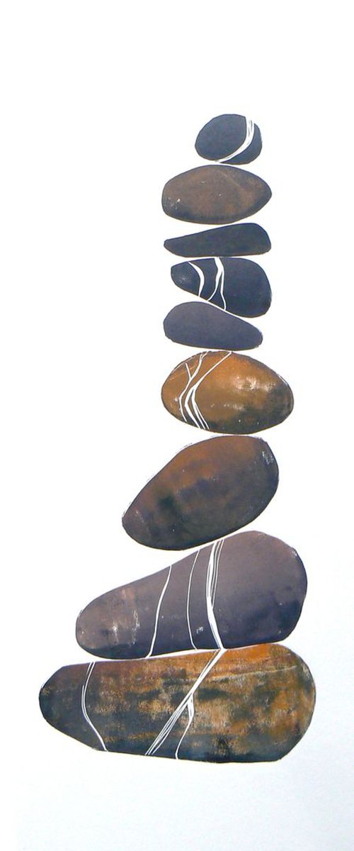Zen stones - Nine stones  (banded balancing stones lino/monoprint) by Carolynne Coulson