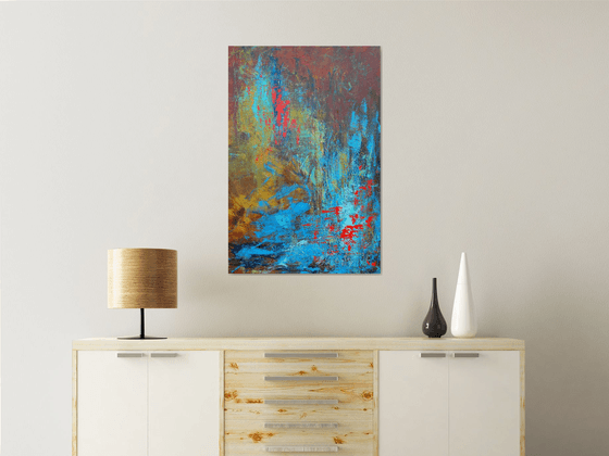 Large Blue Brown Red Abstract Landscape Painting. Modern Textured Art. Abstract. 61x91cm.