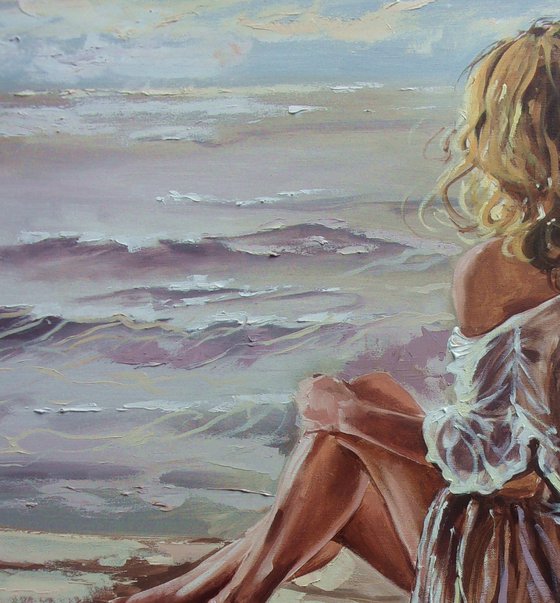 " WOMAN SITTING BY THE LAKE IN LIGHT "