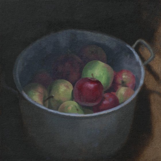 Windfall apples in a metal pan, original oil painting