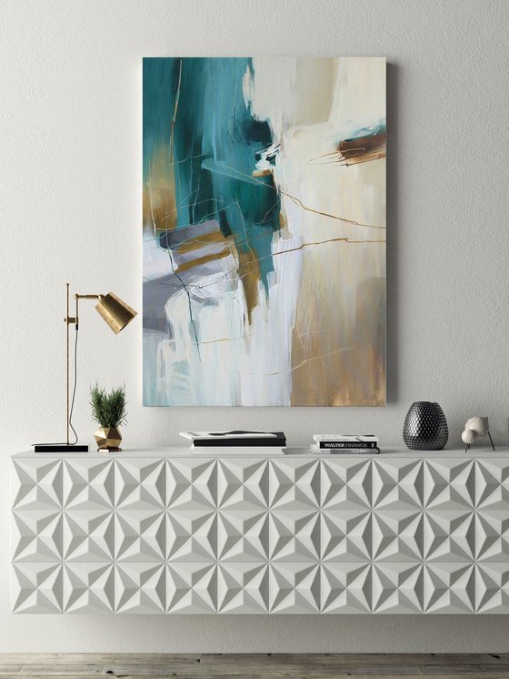 "Melody 3" Teal gray white abstract art