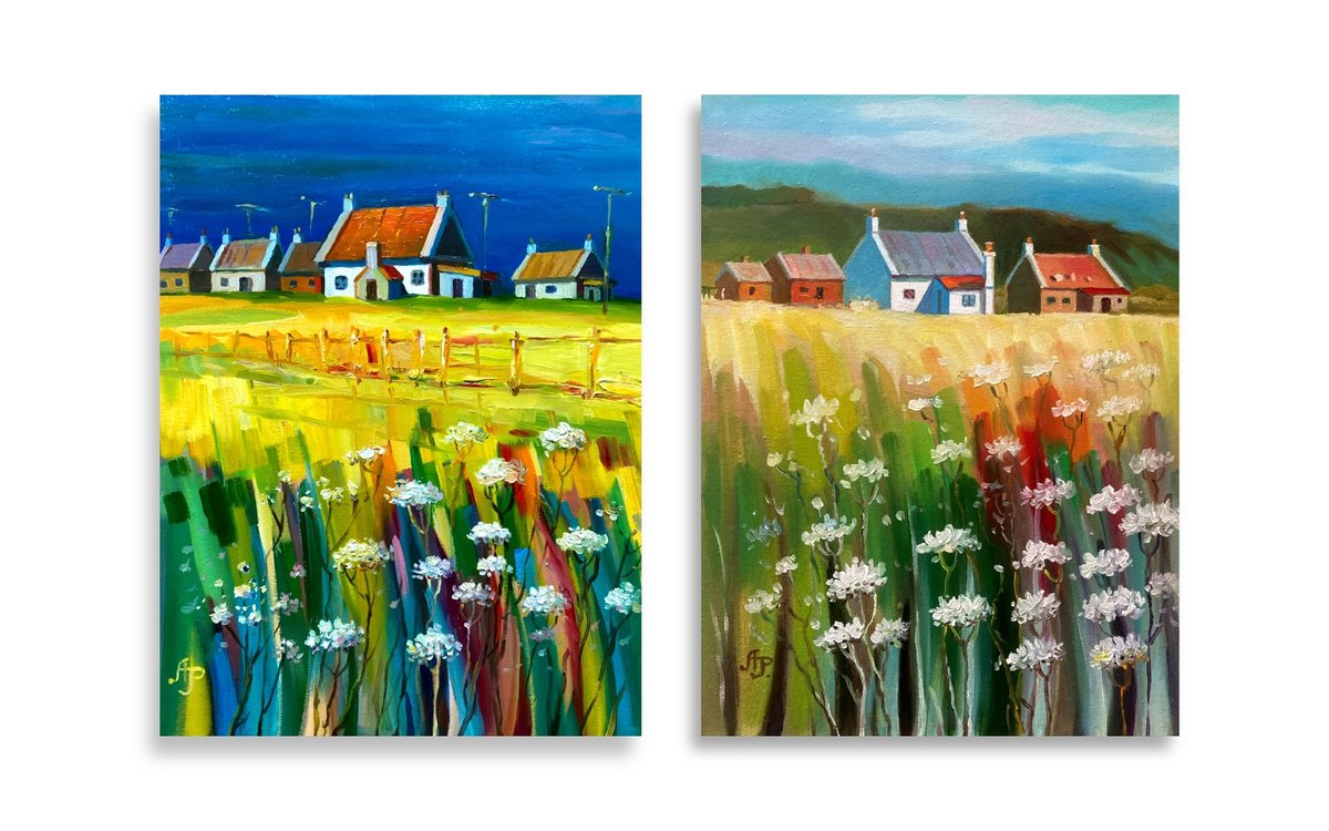 Impressionistic Landscape Oil Painting By Olexandr Romanenko, 24 X 16", Diptych. Warm Day., Original Artwork