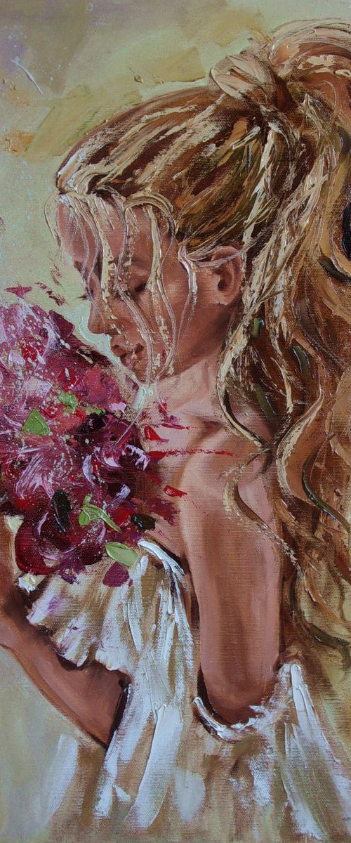 " SPRING LOVE ... "- flowers  liGHt  ORIGINAL OIL PAINTING, GIFT, PALETTE KNIFE by Monika Luniak