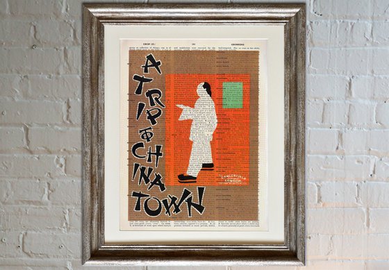 A Trip to Chinatown - Collage Art Print on Large Real English Dictionary Vintage Book Page