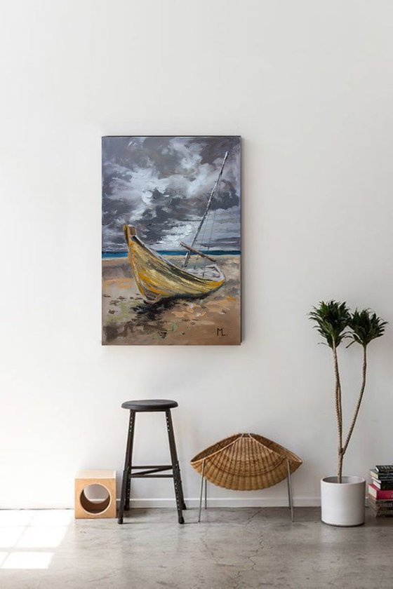 " SOMEWHERE  ... " SHIP BOAT SAIL original painting palette knife GIFT MODERN URBAN ART OFFICE ART DECOR HOME DECOR GIFT IDEA